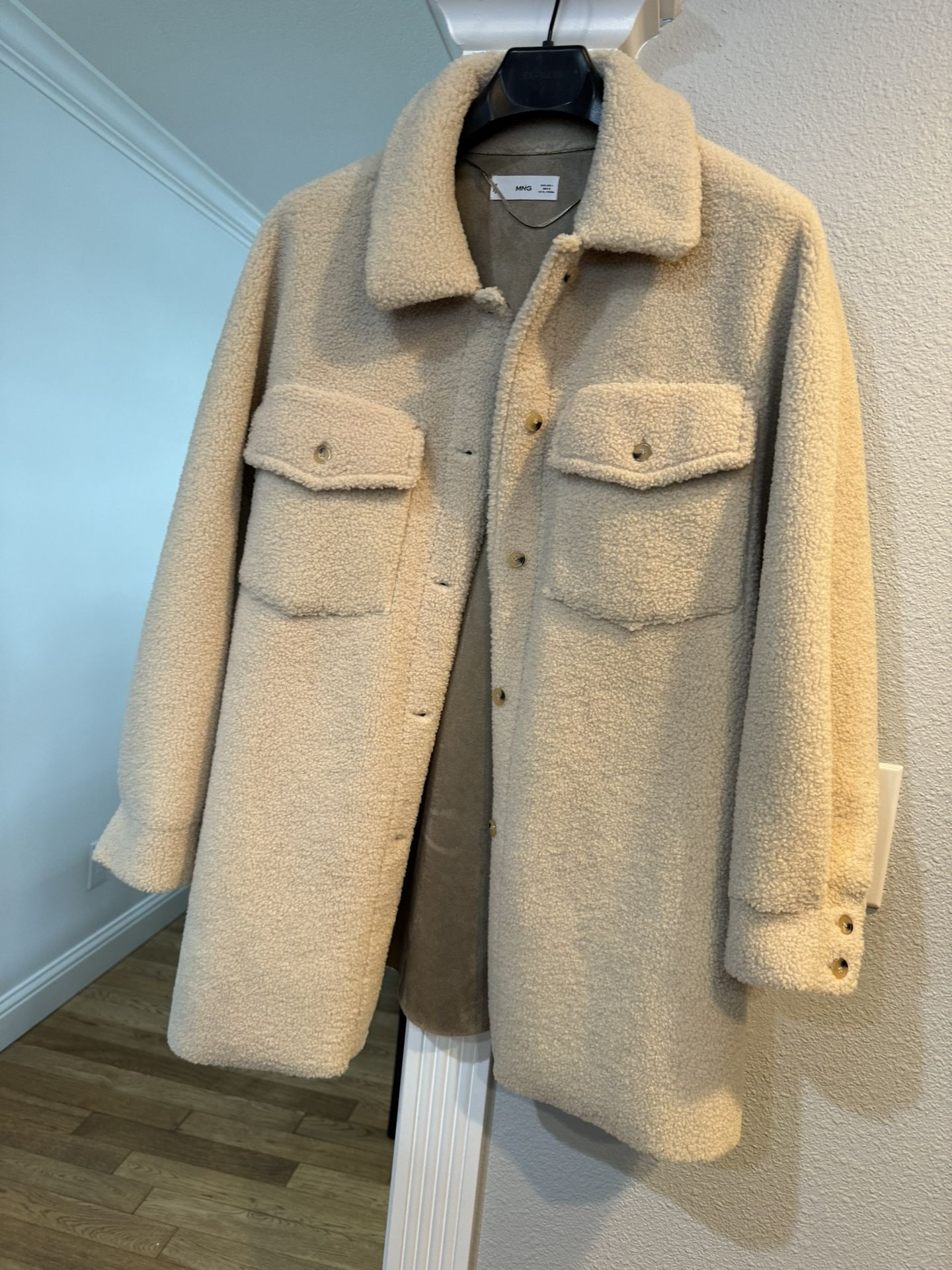 Mango Sherpa Shacket Faux Fur Shearling Oversized Jacket Beige Lined Large