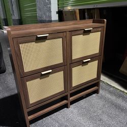 Rattan Front 4-Door Shoe Cabinet with Shelves - Brown -