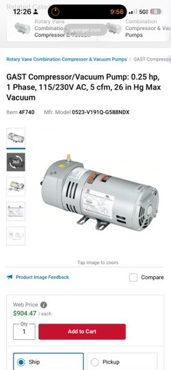 GAST Compressor/Vacuum Pump: 0.25 hp, 1 Phase, 115/230V AC, 5 cfm, 26 in Hg Max Vacuum
