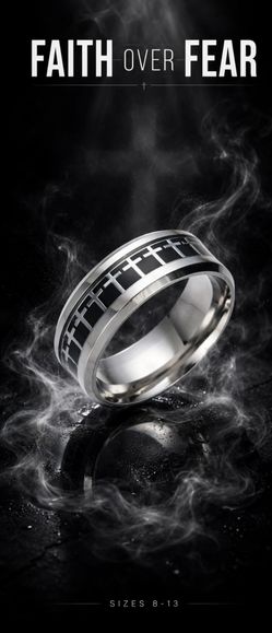 NEW Cross Ring Black & Silver Faith Over Fear - Men's / Women's - Sizes 8-13