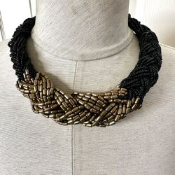 Black And Gold Beaded Twisted Wood Hook Necklace 