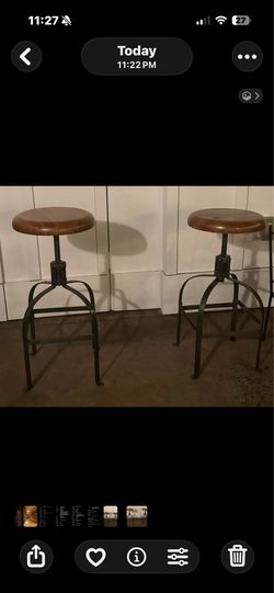 Pair of World Market Adjustable Industrial Swivel Bar Stools – Mango Wood & Iron