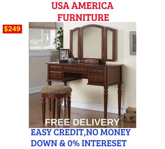 BRAND NEW VANITY SET  INCLUDES VANITY DESK, MIRROR, AND STOOL  Item #PDX014071
