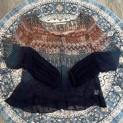 Twelfth Street By Cynthia Vincent Women’s Medium Blue Orange Boho Sheer 100% Silk Long Sleeve Fall Blouse Top Shirt