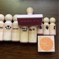 10 Stamps For Ink Pad, Gently Used Fun Expressions Made Your Own Cards Children Craft Teacher Wood Handled Rubber Stamp 