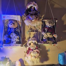 Two collectible, porcelain dolls and two bear Collectables