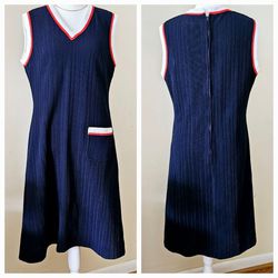 Size14 R&K Knits For The Girl Who Know Clothes V Neck Sleeveless Dress Zippered Back Navy Blue with Red/White Striped Edging. No material tags. Nylon/
