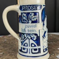 Vintage German Stoneware Beer Stein Prosit Hunting Scene Blue Relief Mug 6.5in
