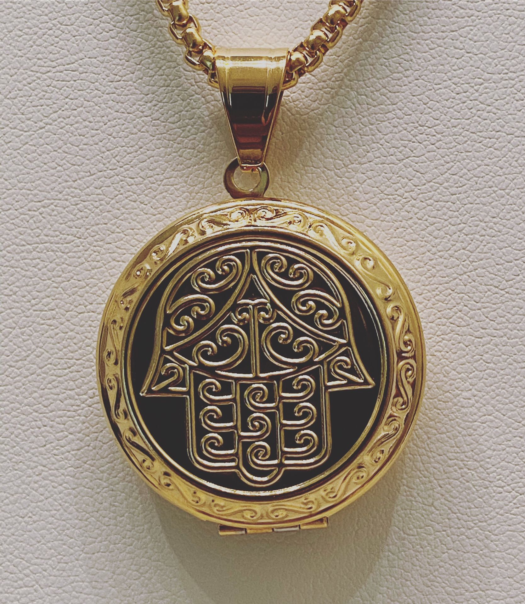 Gold stainless steel hand of Fatima locket pendant with chain