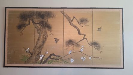 Vintage Japanese Hand-Painted Silk Byobu Vintage Japanese Hand-Painted Silk Byōbu Wall Screen