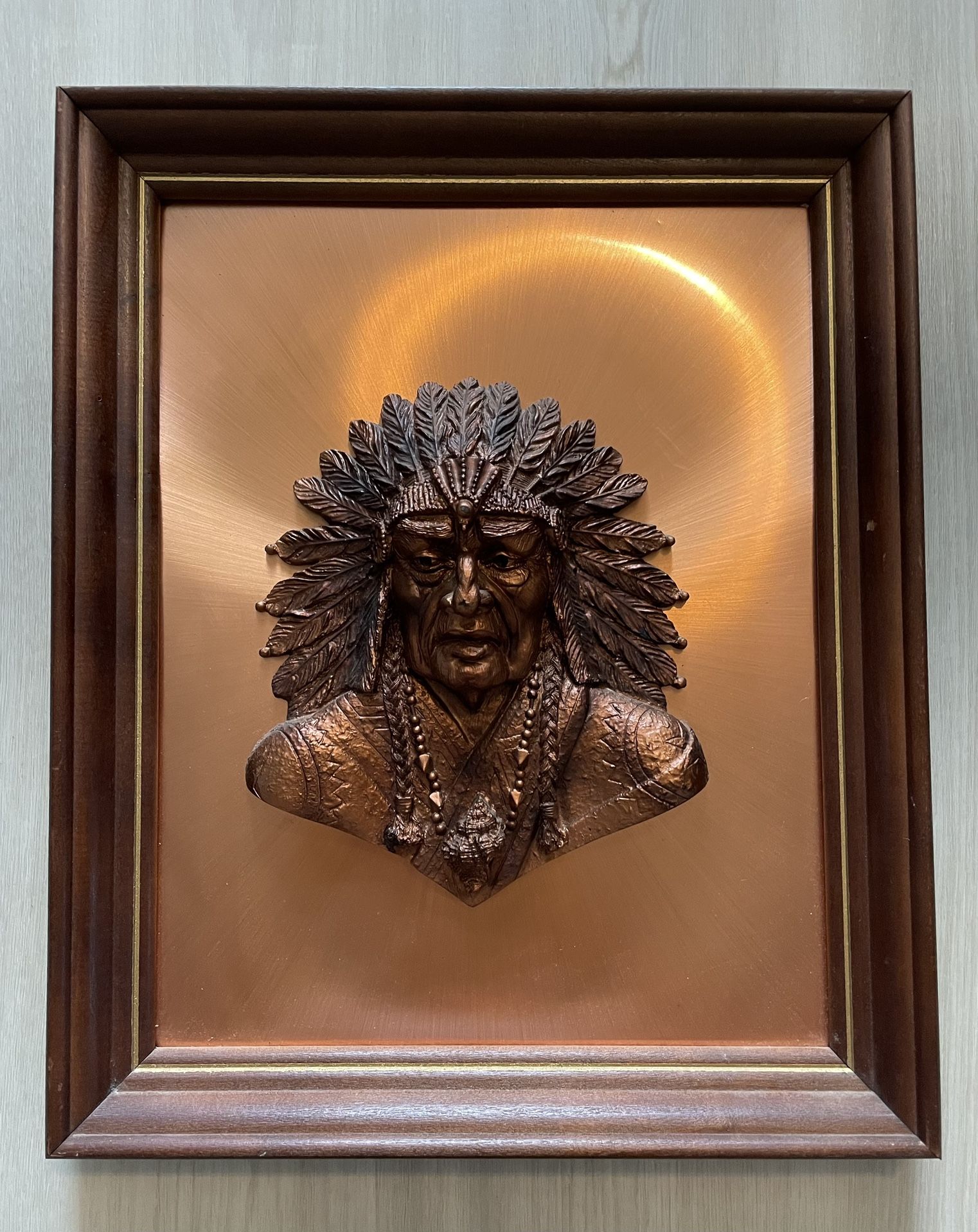Vintage INDIAN CHIEF FULL FEATHER HEADDRESS COPPERAMA 3D COPPER ART by VICTOR WALL
