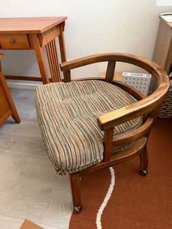 Vintage Wood Barrel Back Chair – Upholstered Rolling Chair