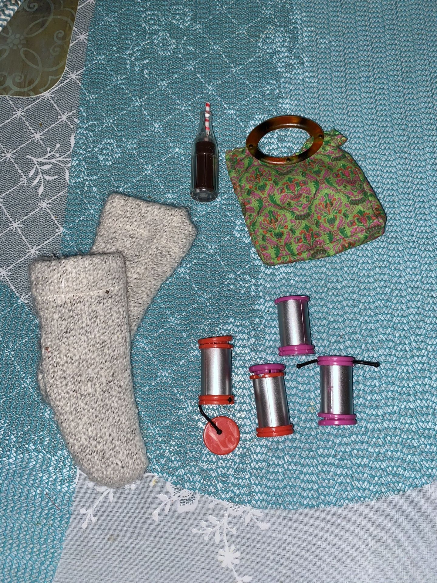 American Girl doll accessories Hair rollers socks purse soda bottle