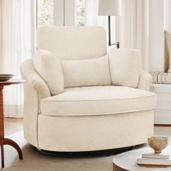 Beige Chenille Upholstered Swivel Barrel Chair with 3 Removable Pillows Swivel Accent Chair for Living Room 