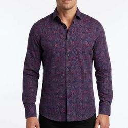 Express Mens Slim Fit Paisley Button Up Shirt Large Pink Navy Psychedelic Mod