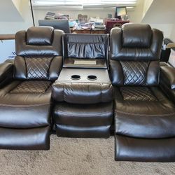 Dual Reclining Leather Sofa with Power Outlets and USB Ports