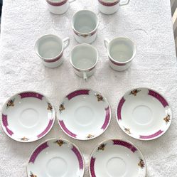 Demitasse Tea/Coffee Cup & Saucer Set-Plum Colored Design with Baskets of Flowers-Gold Rim-Made in China! Vintage-Unused 
