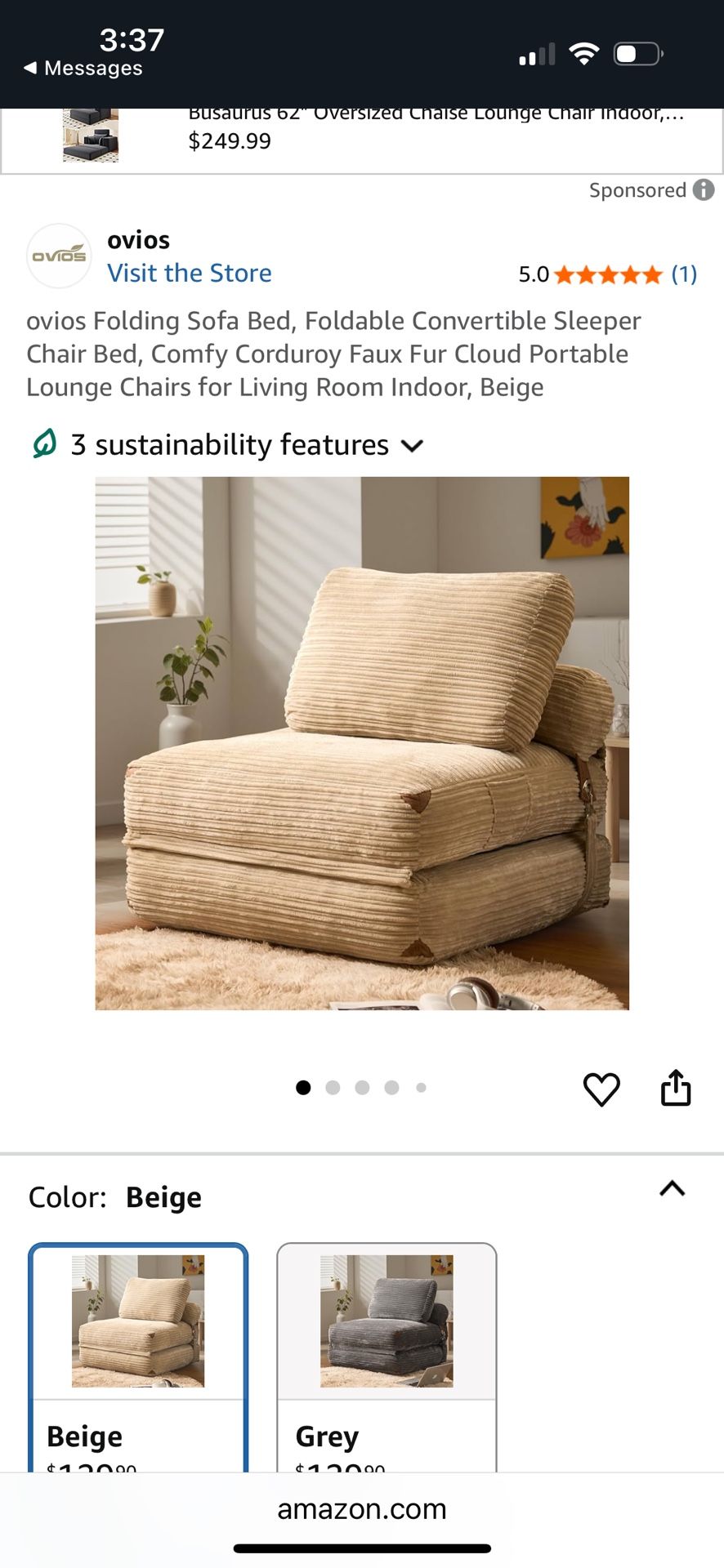 Folding Twin Size Sofa Bed, Foldable Convertible Sleeper Chair Bed, Comfy Corduroy Faux Fur Cloud Portable Lounge Chairs for Living Room Indoor, Beige