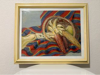 Original Painting Colorful Corn in Basket Framed 1975
