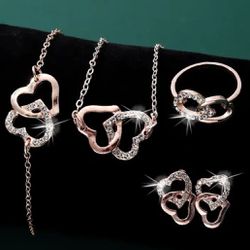 1 Pc Ring +1 Pc Necklace +1 Pc Bracelet +1 Pair Stud Earrings Stainless Steel Jewelry Set With Double Hollow Heart Design Rhinestones Inlaid Female Gi