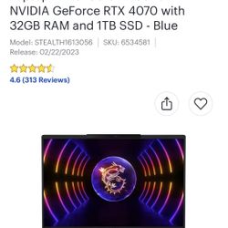 MSI Stealth 16" 144hz FHD+ Gaming Laptop i7-13620H RTX 4070 32GB 1TB