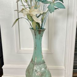 Distressed Metal Blue Vase artificial flowers