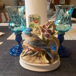  REALLY UNIQUE LOOKING  CANDLE HOLDERS and  BLUE  BIRD  GREAT CONDITION all  3 of Them 