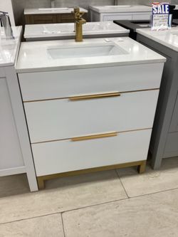 30” vanity, white, Quartz stone top, gold metal legs, available for pick up