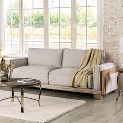 Brand New Light Brown Natural Neutral Tone Linen Fabric  Wood Trimmed Sofa With Feather Blend Pillows High End Design Perfect For Large Open Room