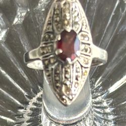 Sterling Silver Marcasite and Garnet Ring- 925 Marquise Shaped-Vintage! Size 6 1/2 
