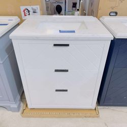 Brand New Bathroom Vanity “30” in White with 3 modern drawers and Marble Top in White $509 