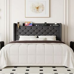 Dark GrayVelvet Queen Size Bed Frame With Charging Station