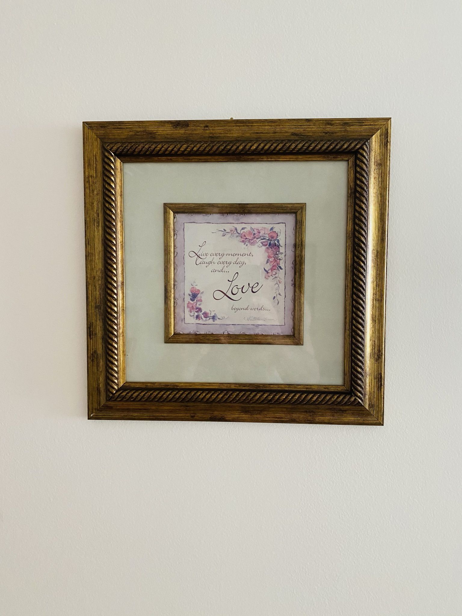 Antique Stylish Piece of Art. Wise message. Beautiful colors. Nice golden wood double frame. Glass. Great bargain. 13.25” x 13.25”. Like new condition