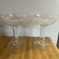 Vintage Hollow Stem Bride and Groom Champagne Glasses