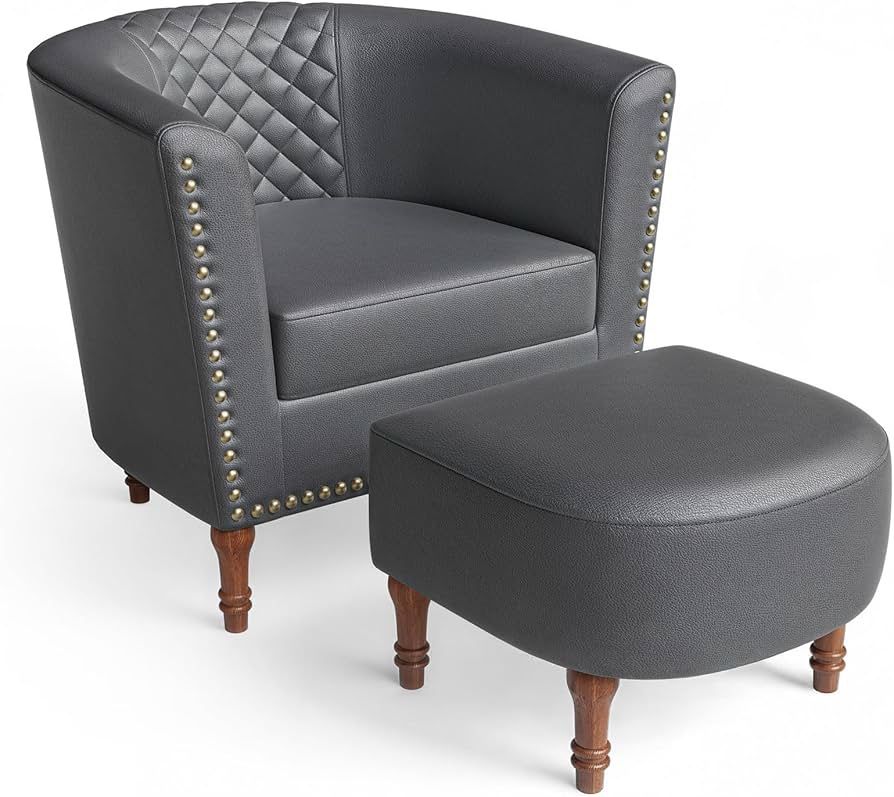 Barrel Chair with Ottoman, Accent Chair, Faux Leather Armchair Club Chair with Soft Cushion & Solid Wood Legs for Living Room, Bedroom, Navy Blue