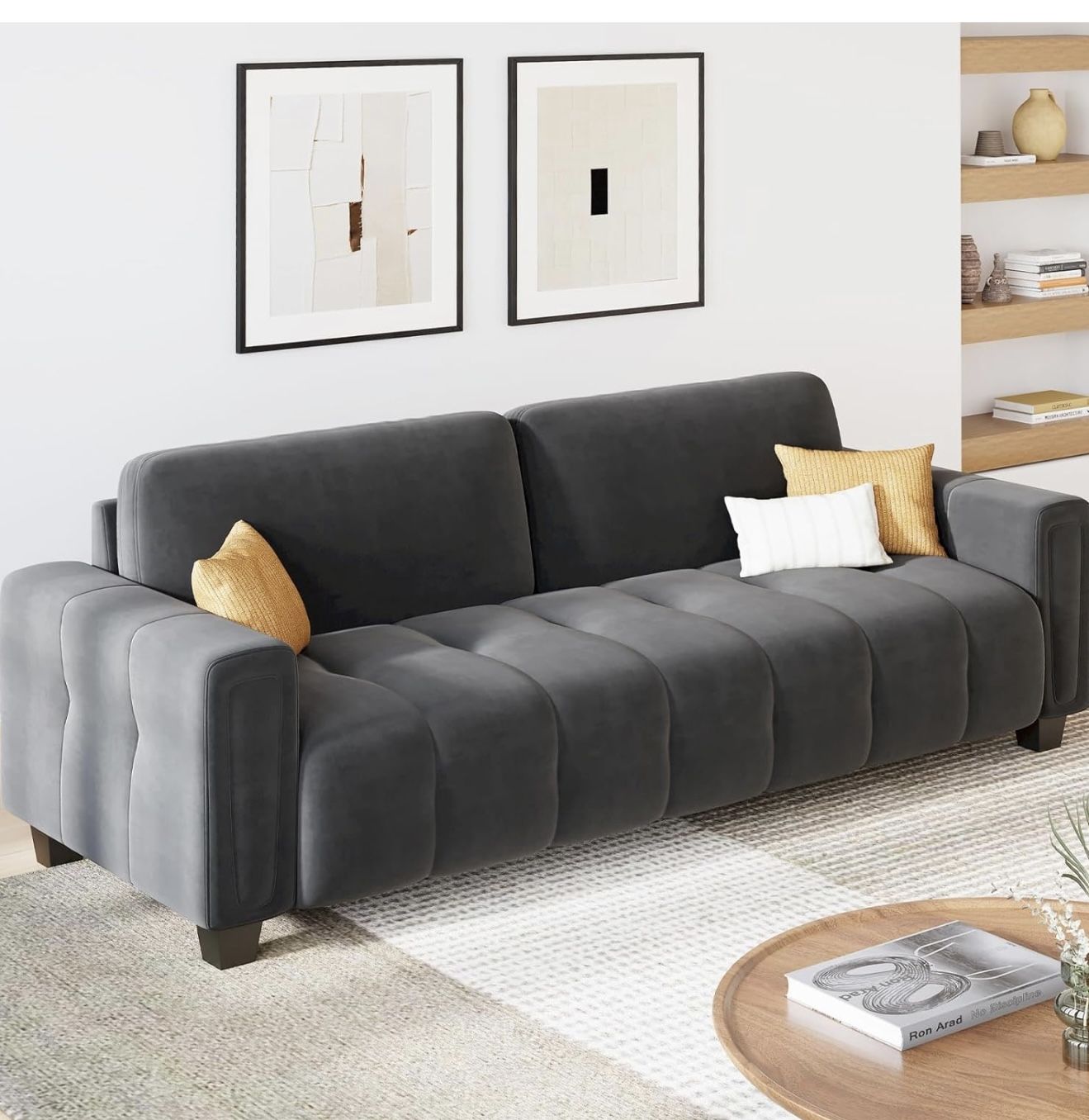 Gray Velvet 3 Seater Sofa Couch