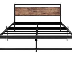 Wooden Finished Metal Bed Frame (queen Size)