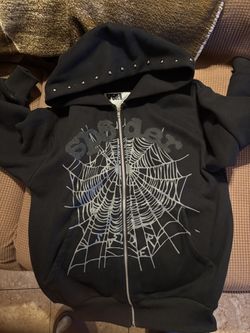 Black Sp5dr OG Web Studded Zip Up Hoodie