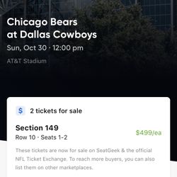 (2) Awesome Lower Chicago Bears @ Dallas Cowboys Tickets Actual 3rd Row Up Aisle