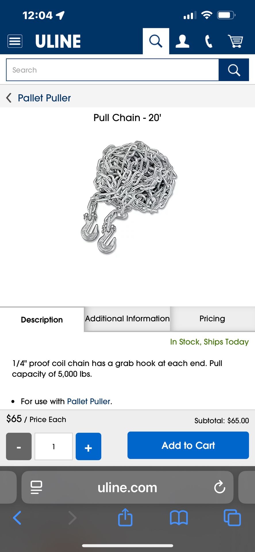 20’ Pull Chain By Uline - Never Used