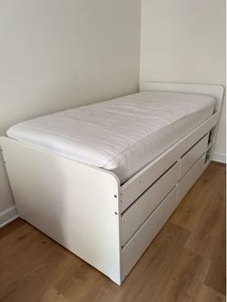 SLÄKT Bed frame w/storage+slatted bedbase, white, Twin