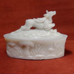 Antique Rare Flaccus Milk Glass Covered Dish-Deer Hart on Log