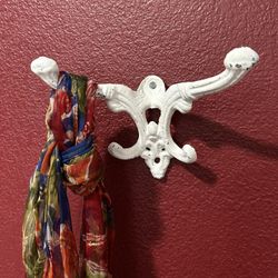 (2) Vintage 6” White Cast Iron Wall Hooks - Double Coat Hooks Purse Hooks Jewelry Hanger- Home Decor