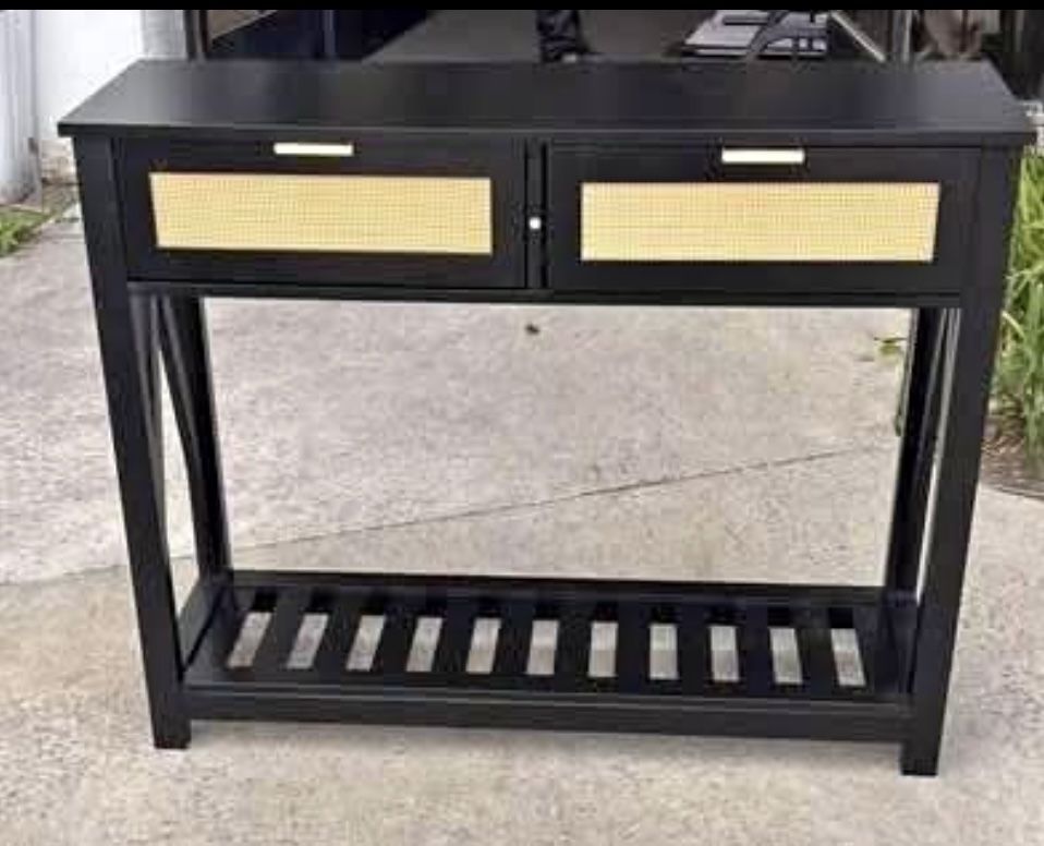 New in Box Console Table with 2 Rattan Drawers, Entryway Table w/ 3-Tier Shelve Black or White