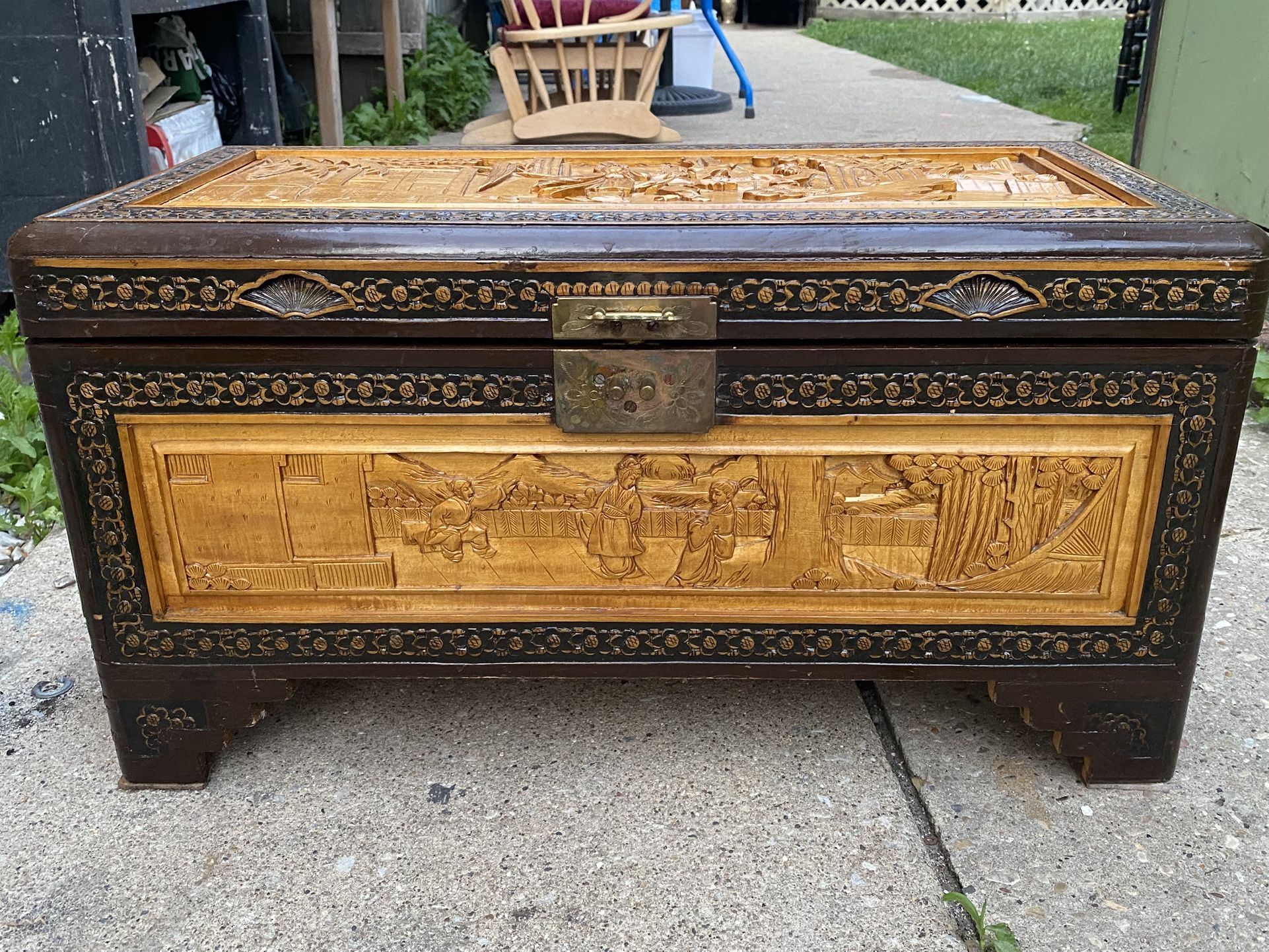 Antique Chinese Blanket Chest Luggage Box Carved Wood