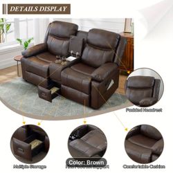 Consofa Loveseat Recliner Sofa, Leather Loveseat Recliner, Manual Recliner Loveseat With Console, Double Recliner RV Sofa With Cup Holders And Side Po