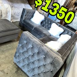 Beautiful New Tufted Sectional Sofa W/ Diamonds 💎 & Ottoman & 4 Pillows In Gray Velvet Only $1350!!!