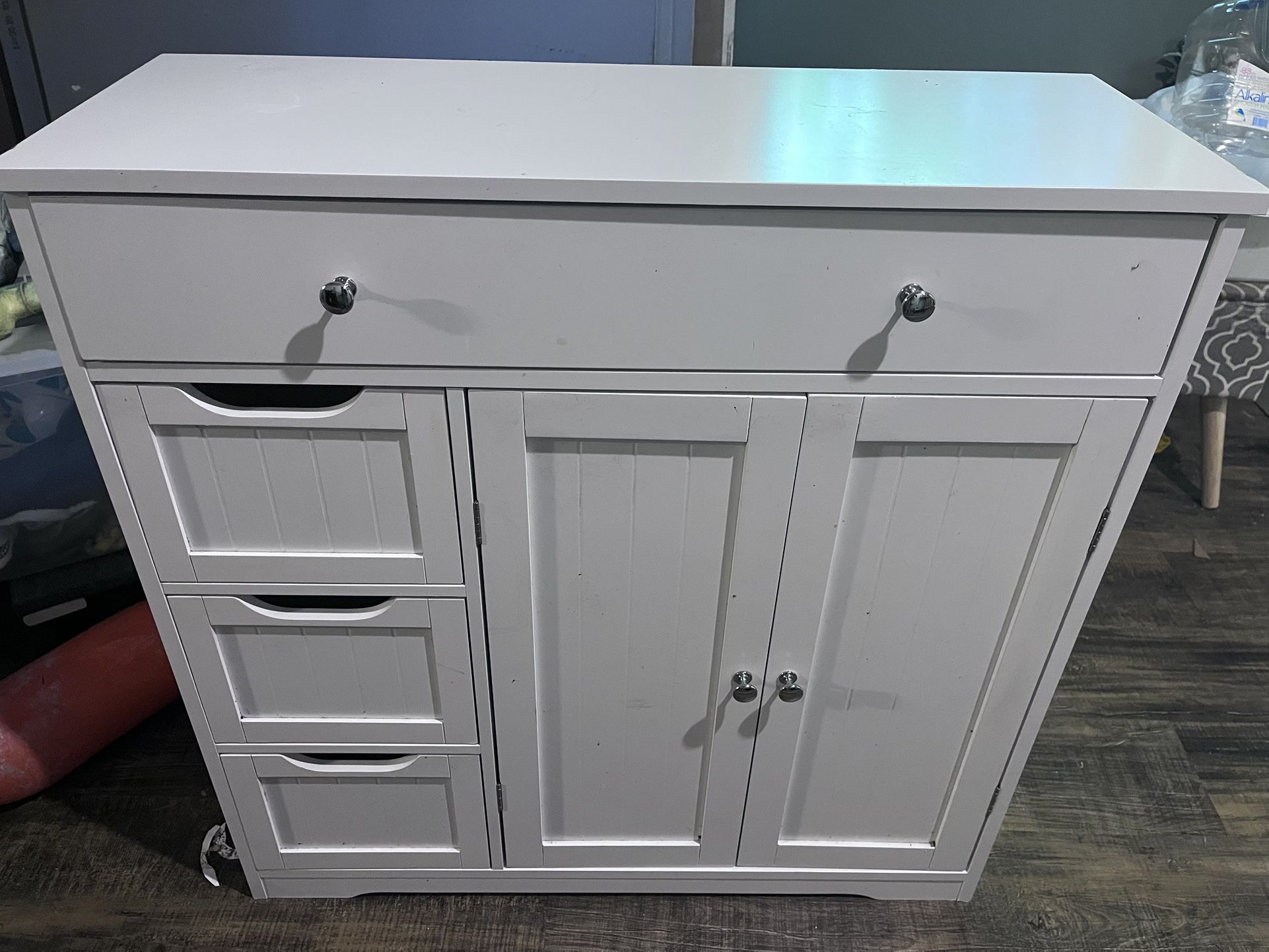 Bathroom Floor Cabinet, Large Storage Space Wooden Standing Cabinet with 4 Drawers and 2 Doors, Storage Cabinet with Adjustable Shelves, White, 12"D x