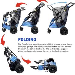 ✌️ Beach Cart Deluxe Heavy Duty Folding Ocean Utility Large Sand Wheels Holds 4 Folding Chairs Umbrella Holder Removable Storage Bag 