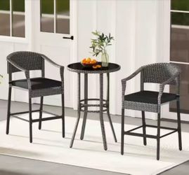 3-Piece PE Rattan Metal Bar Height Outdoor Dining Set Patio Bar Set with Black Gray Cushions, Tempered GlassTop